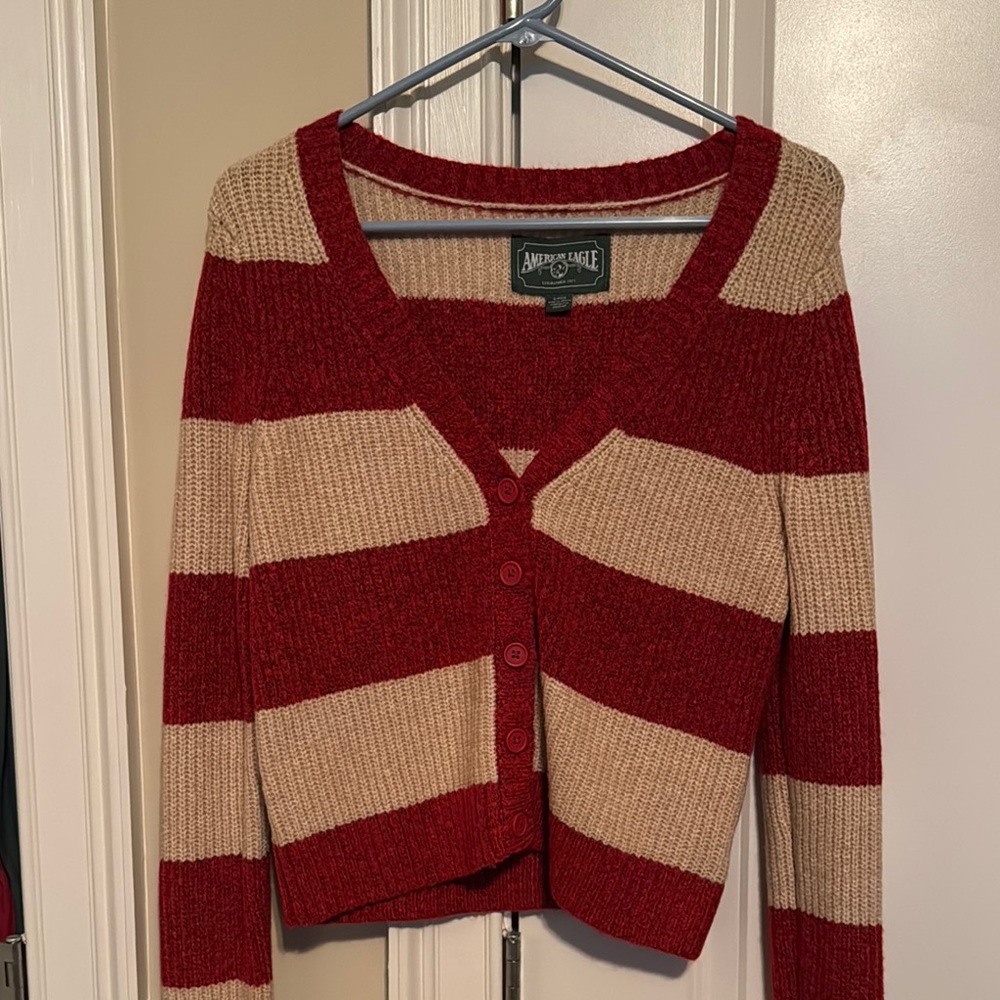 American Eagle Outfitters Red and Cream Striped Women's Sweater